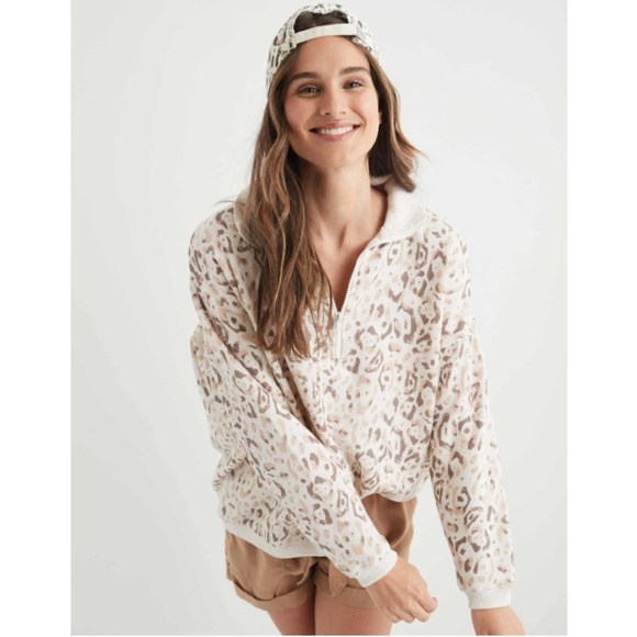 aerie Tops - Aerie Good Vibes Oversized Leopard Print Quarter Zip Sweatshirt Size S